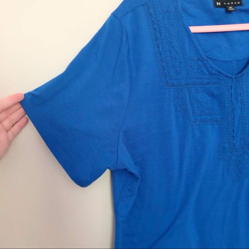 Blue Embroidered Front Top Fall Blouse 1x - Picture 2 of 4